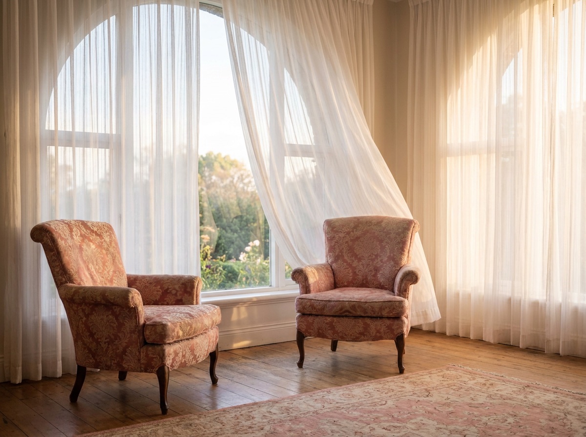 Two chairs facing a bright window with sheer curtains